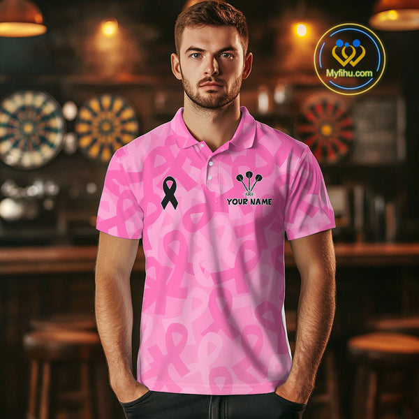 Custom Pink Ribbon Breast Cancer Awareness Dart Tournament Polo Shirts For Men NYN0675