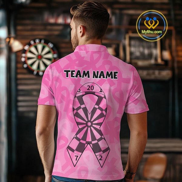 Custom Pink Ribbon Breast Cancer Awareness Dart Tournament Polo Shirts For Men NYN0675