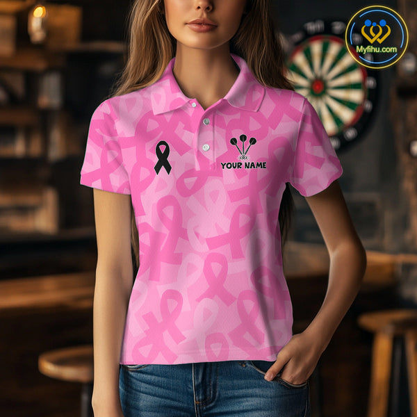 Custom Pink Ribbon Breast Cancer Awareness Dart Tournament Polo Shirts For Women NYN0675