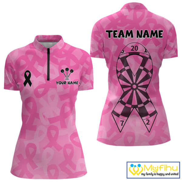 Custom Pink Ribbon Breast Cancer Awareness Dart Tournament Quarter-Zip Shirts For Women NYN0675