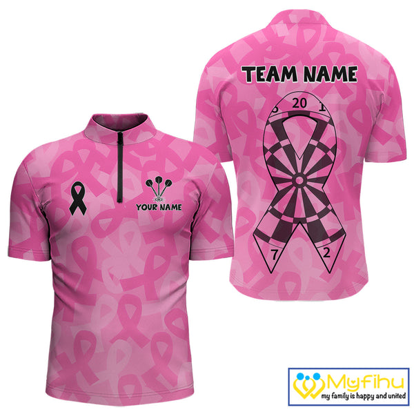 Custom Pink Ribbon Breast Cancer Awareness Dart Tournament Quarter-Zip Shirts For Men NYN0675