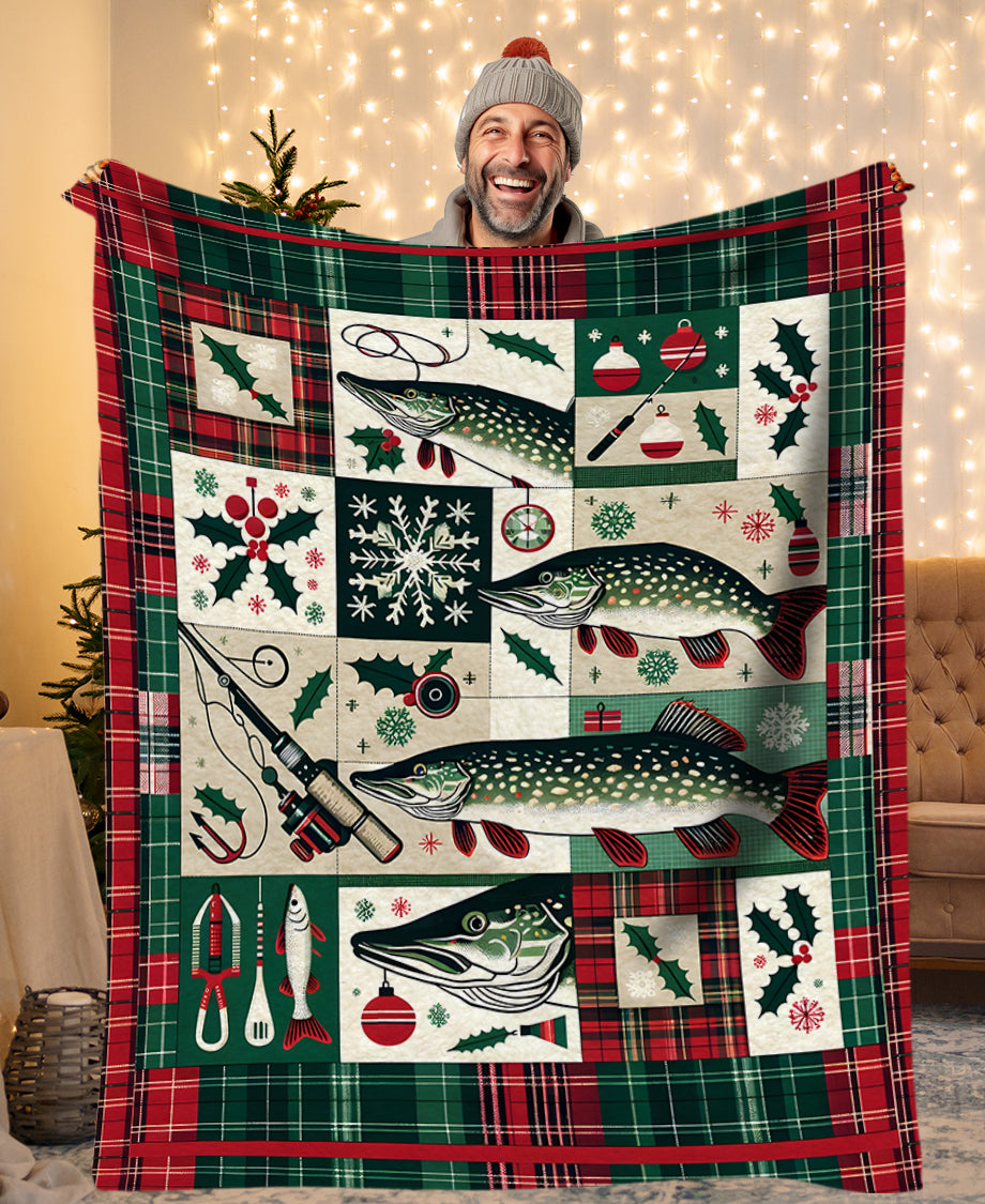 Christmas Pike Fishing Fleece Blanket, Pike Xmas Fishing Gifts For Fishing Lovers IPHW5675