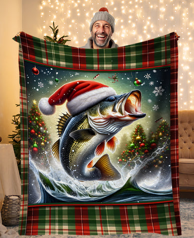 Christmas Largemouth Bass Fleece Blanket, Christmas Plaid Bass Fishing Gifts IPHW5678