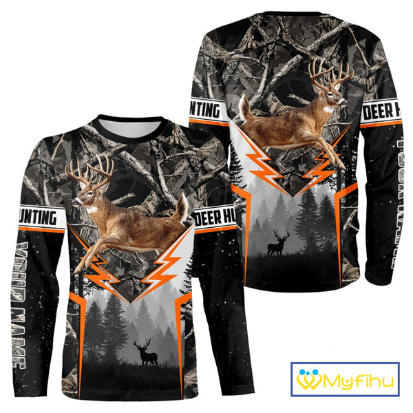 Jumping Whitetail Deer Hunting Dark Camo Custom Name 3D All Over Printed Shirts, Hunting Gifts NBT73