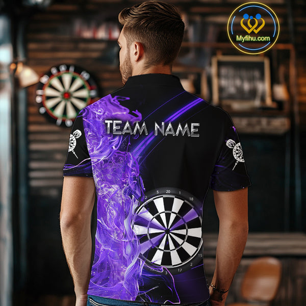 Custom Black And Purple Flame Darts Shirts For Men, Darts Team Jerseys Polo & Quarter Zip Uniform TDM4017