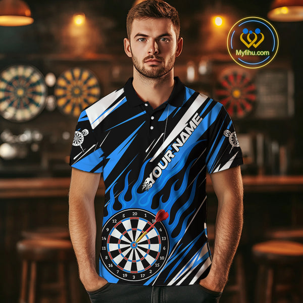 Blue Dartboard Flame Custom Dart Shirts For Men, Darts Team Jerseys Polo & Quarter Zip Shirts TDM4004