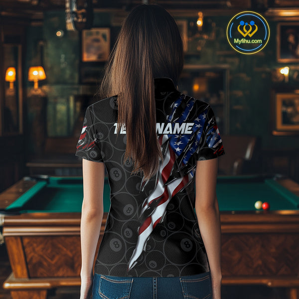 American Flag Scratch Billiard Shirt For Women, Custom 8 Ball Pool Team Jersey Polo & 1/4 Zip TDM4030