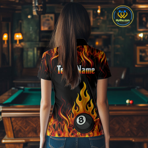 Orange 8 Ball Flame Fire Billiard Shirts For Women Custom Polo & 1/4 Zip Billiard Team Jerseys TDM4012