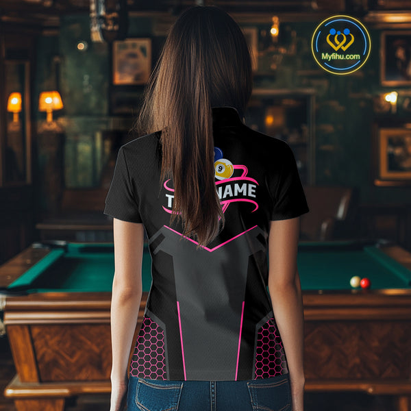 Personalized 8 Ball & 9 Ball Pool Billiard Polo, 1/4 Zip For Women Custom Team Billiard Jersey|Pink TDM4048