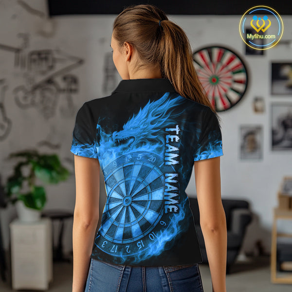 Personalized Blue Dartboard Dragon Flame Darts Shirt For Women Custom Dart Jerseys Polo & 1/4 Zip TDM4070