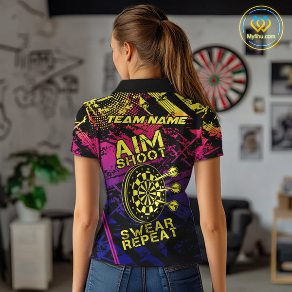 Purple Pink Yellow Grunge Aim Shoot Swear Repeat Dart Shirt For Women Custom Funny Darts Team Jersey TDM4034
