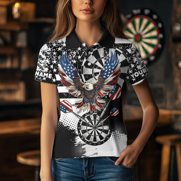 Custom Dart Shirt For Women, Grunge Eagle American Flag Black White Polo, 1/4 Zip Darts Jersey TDM3877