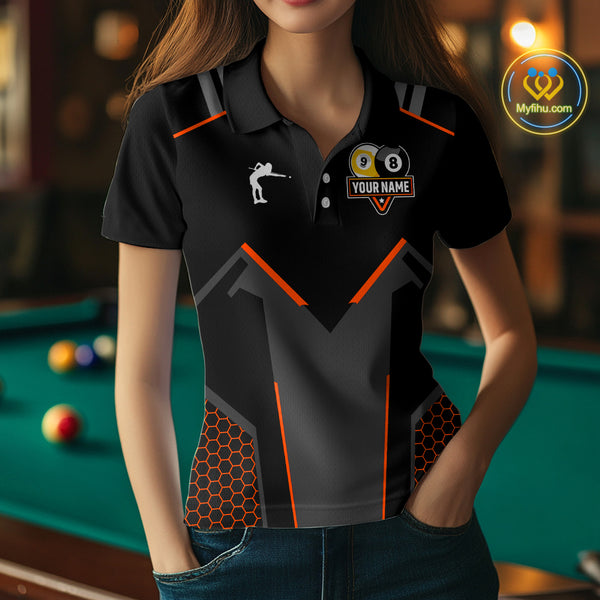 Personalized 8&9 Ball Pool Billiard Polo, 1/4 Zip For Women Custom Team Billiard Jersey|Orange TDM4049