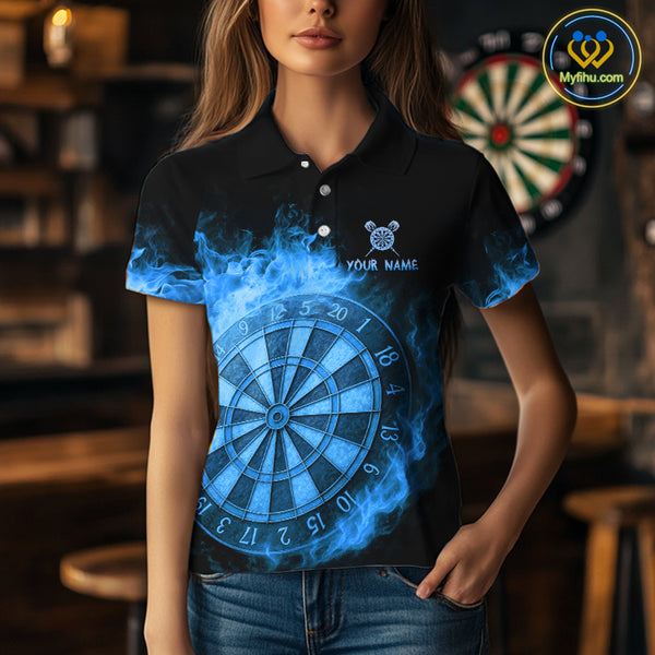 Personalized Blue Dartboard Dragon Flame Darts Shirt For Women Custom Dart Jerseys Polo & 1/4 Zip TDM4070