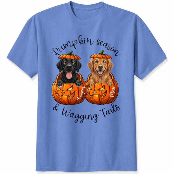 Custom Dogs Autumn Shirt, Pumpkin Season & Wagging Tails T-shirt for Dog Mom & Dog Dad FSDM73