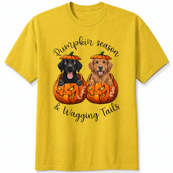 Custom Dogs Autumn Shirt, Pumpkin Season & Wagging Tails T-shirt for Dog Mom & Dog Dad FSDM73