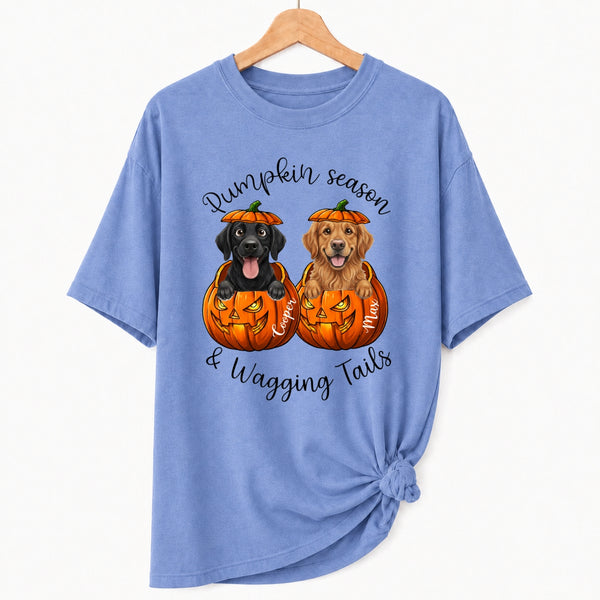 Custom Dogs Autumn Shirt, Pumpkin Season & Wagging Tails T-shirt for Dog Mom & Dog Dad FSDM73