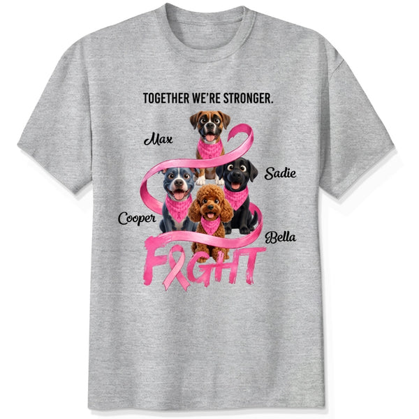 A grey short-sleeve crewneck t-shirt featuring a custom graphic for breast cancer awareness. The design shows dogs wearing pink neckties under the text 'TOGETHER WE'RE STRONGER.