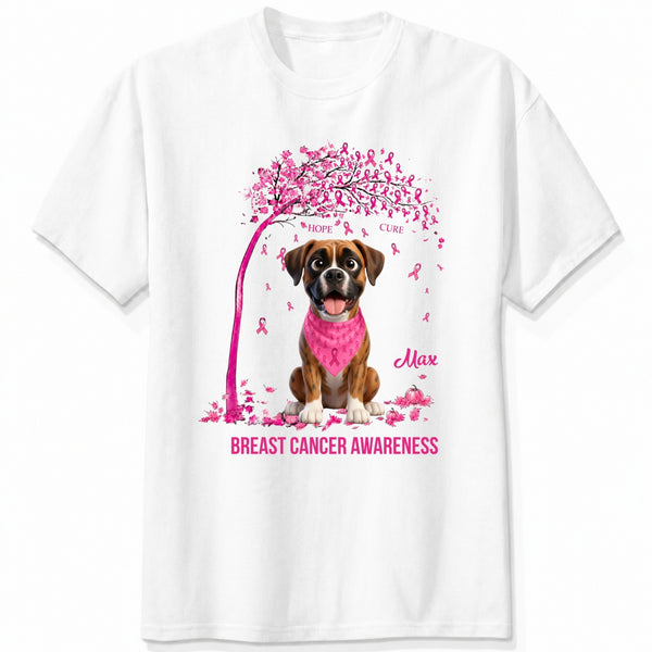 A white short-sleeve crewneck t-shirt featuring a graphic of dogs wearing pink bandana under a pink tree with pink ribbons, with the text 'Breast Cancer Awareness' and customized with dog's names printed below.