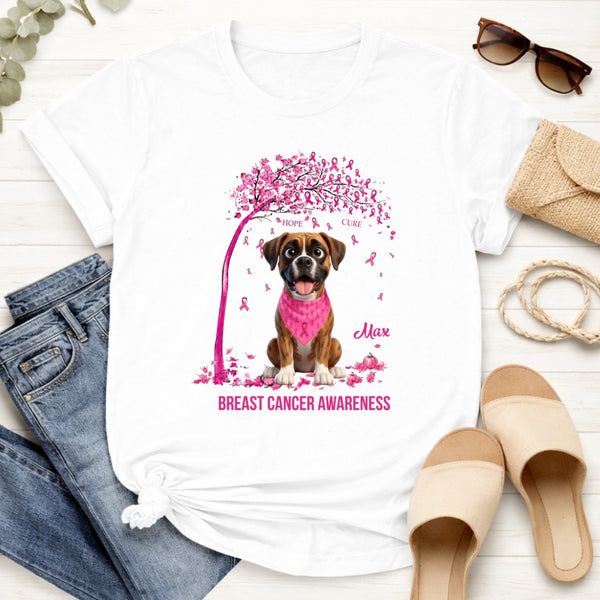 A white graphic T-shirt laid flat on a light wood surface, styled with jeans, sunglasses, a clutch, rope, and sandals. The shirt features a dog wearing a pink bandana under a pink ribbon tree, with the text 'Breast Cancer Awareness' and the dog's name.