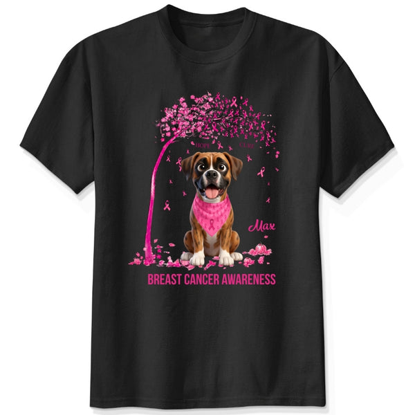 A black short-sleeve crewneck t-shirt featuring a graphic of dogs wearing pink bandana under a pink tree with pink ribbons, with the text 'Breast Cancer Awareness' and customized with dog's names printed below.