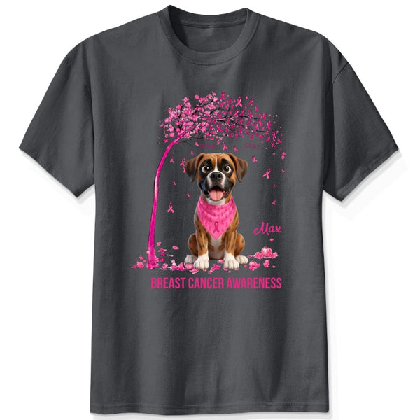 A dark heather grey short-sleeve crewneck t-shirt featuring a graphic of dogs wearing pink bandana under a pink tree with pink ribbons, with the text 'Breast Cancer Awareness' and customized with dog's names printed below.