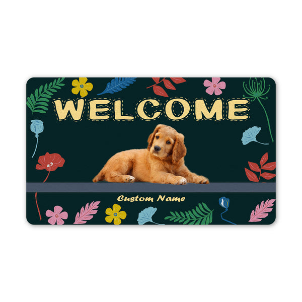 Personalized Dog Welcome Mat| Welcome Floral Dog Doormat Custom Gift for Dog Lover, Dog Owner| JDM61