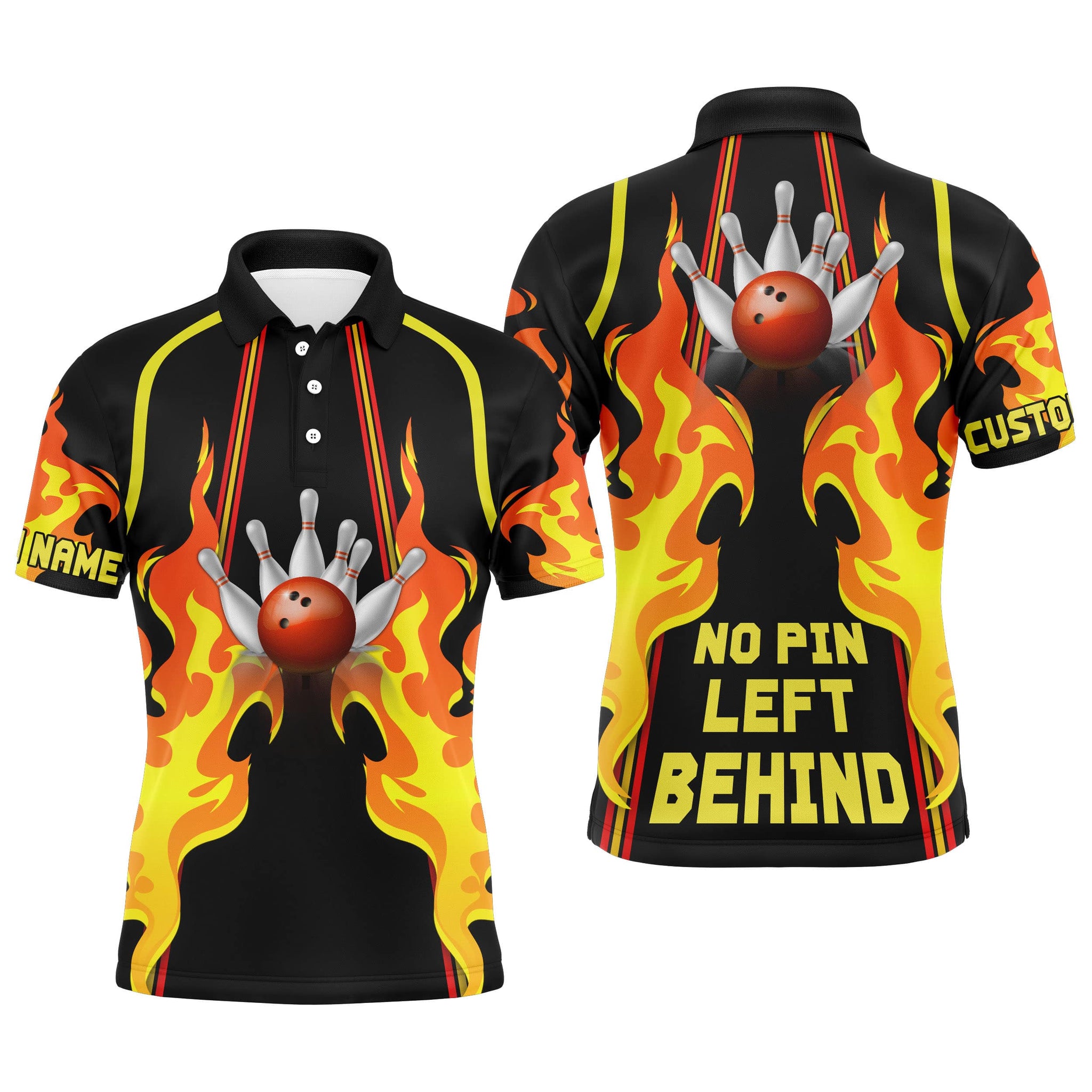 No Pin Left Behind Personalized Men Bowling Polo Shirt, Cool Flame Bowler Jersey NBP26