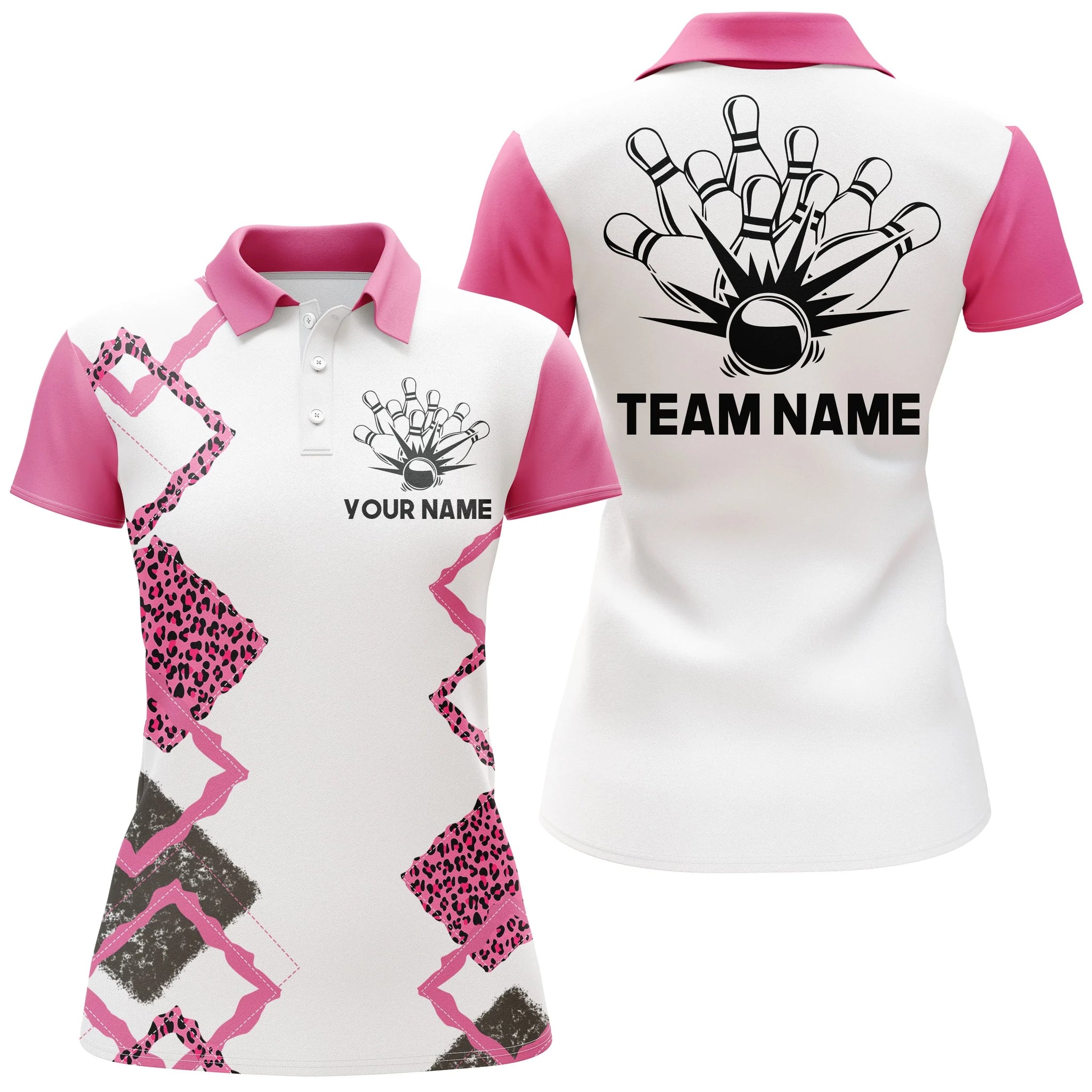 Personalized Women Bowling Polo Shirt Pink Leopard Girl Short Sleeve Team Female Bowlers Jersey NBP07