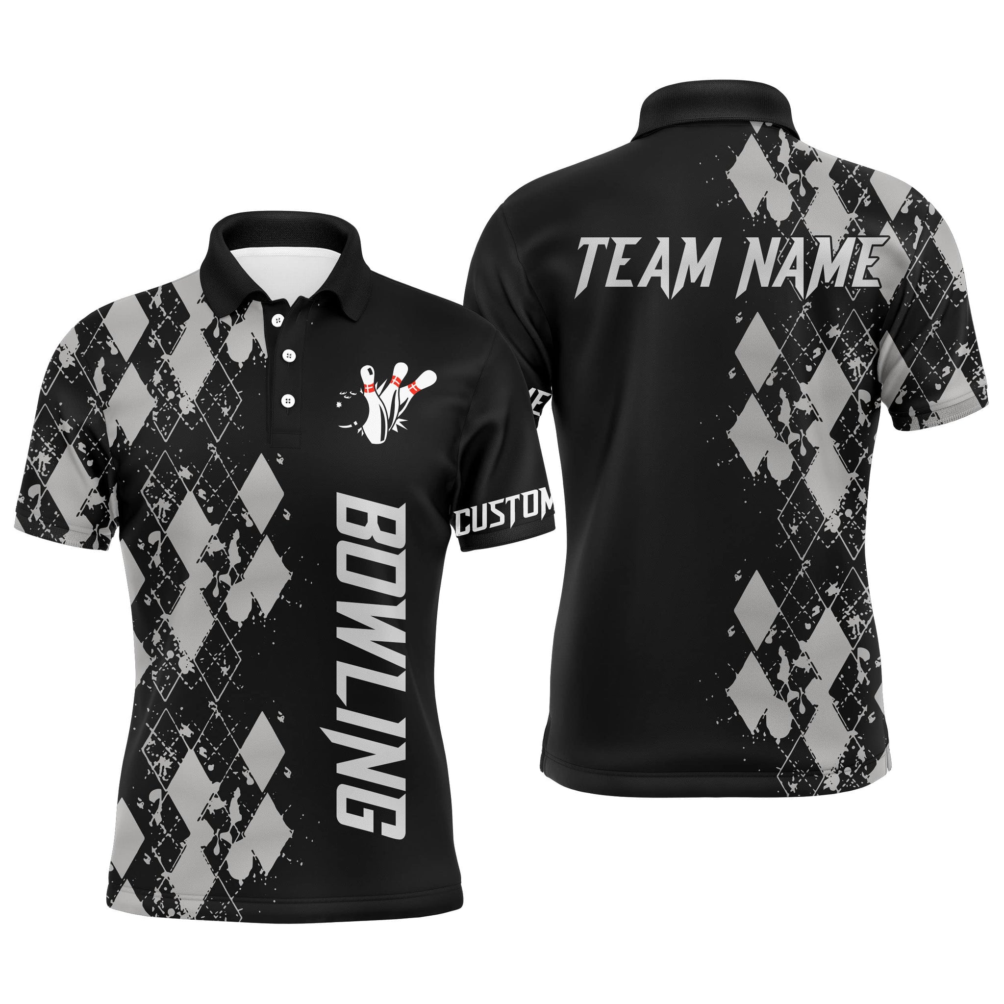 Personalized Men Bowling Polo Shirt, Custom Name Argyle Pattern Bowler Team Jersey NBP23