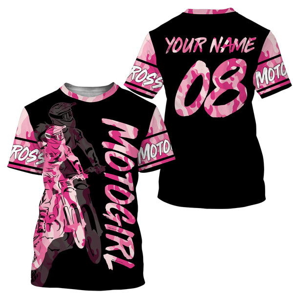 MotoGirl personalized jersey UPF30+ motocross girl pink camo dirt bike riding shirt women bikers NMS1022