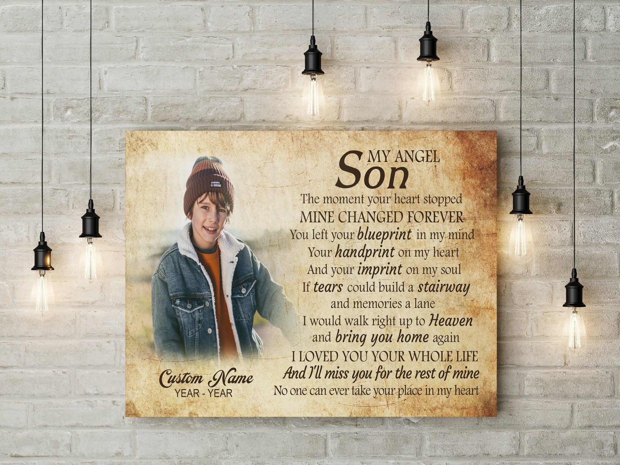 Son Remembrance Personalized Canvas| My Angel Son in Heaven| Memorial Gifts, Sympathy Gifts for Loss of Son, Son Bereavement Keepsake, Youth Cancer Condolence Gifts| N2405