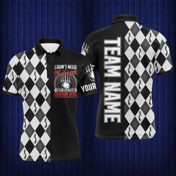 Personalized Bowling Men Polo Shirt Black & White Argyle Bowlers Custom Team Short Sleeves Jersey NBP17