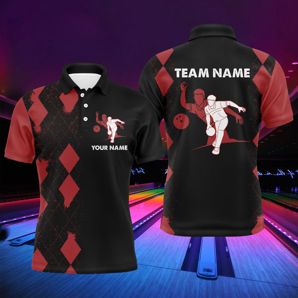 Men Bowling Polo Shirt Personalized Name, Red&Black Bowler Team Jersey for Bowling Lovers NBP22