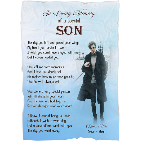 Memorial Blanket - Son in Memory Custom Picture Blanket| Meaningful Remembrance Fleece Throw, Deepest Grief Sympathy Gift, Loss of Son Memorial Blankets and Throws| N2394