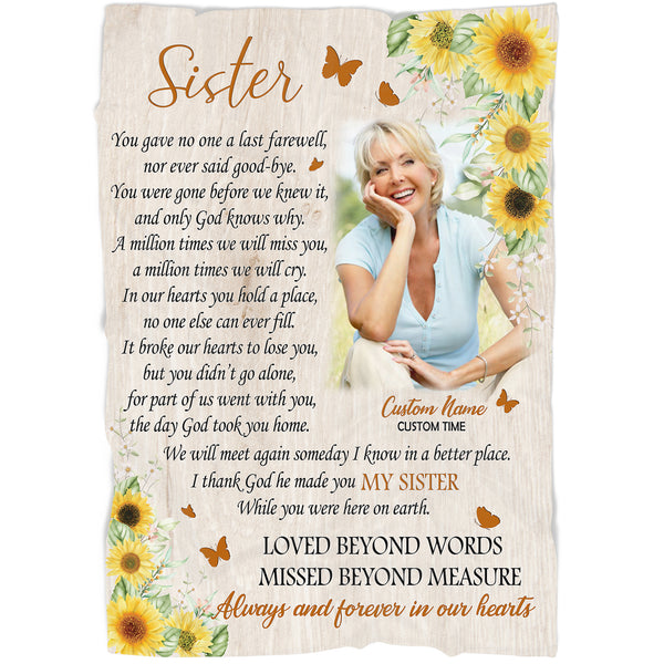 Personalized Sister Memorial Blanket - Butterfly & Sunflower Fleece Blanket Memorial Sympathy Gift for Loss Sister In Loving Memory of Sister Remembrance Blanket Condolence Gift - JB261