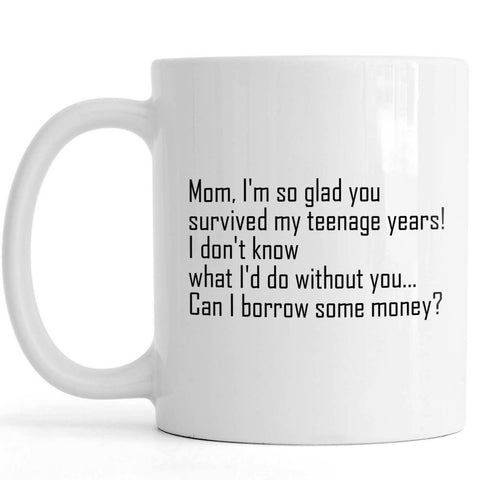 Funny Mom Coffee Mug | Can I Borrow Some Money | Mother's Day Troll Gift, Survived Teenage Years | N1134