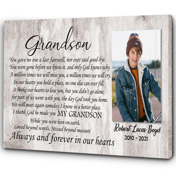 Grandson Memorial Canvas - Personalized Memorial Gift for Loss of Grandson Sympathy Gift In Memory of Grandson Remembrance Canvas Bereavement Condolence Keepsake Gift for Grandson - JC752