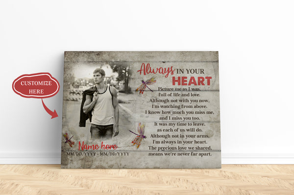 Memorial Canvas - Always In Your Heart Canvas - Custom Dragonfly Wall Art Memorial Gift Sympathy Gift for Deceased Mom, Dad, Loved One in Heaven - Bereavement Remembrance Canvas - JC131