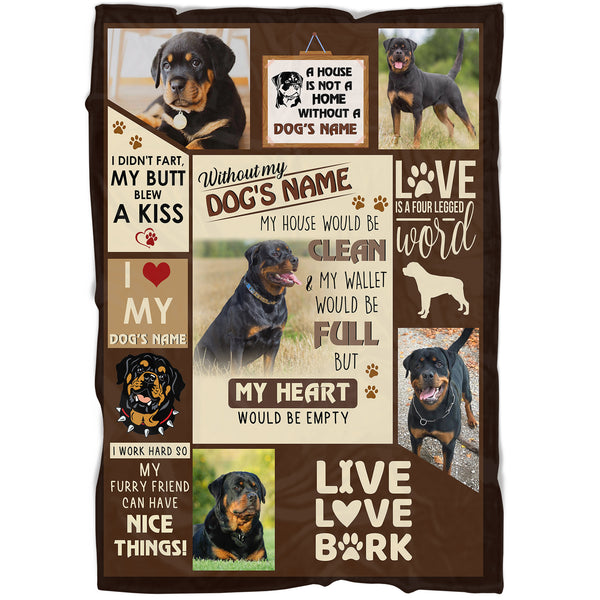 Personalized Dog Blanket| Funny Rottweiler Fleece Blanket for Dog Lover Gift for Dog Mom Dog Dad| Without My Dog My Heart's Empty Rottweiler Blanket for Rottweiler Lover| JBD335