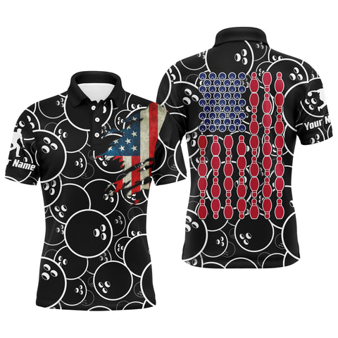 Custom American Flag Men Bowling Polo Shirt Black USA Bowling Short Sleeve Polo Men Bowlers NBP01