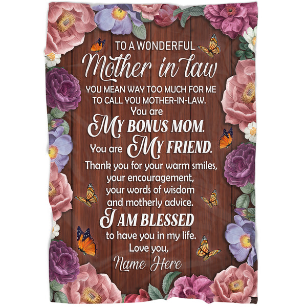 To A Wonderful Mother In Law Blanket - Custom Blanket| Floral Blank Gift for Mother In Law from Bride Groom| Mother In Law Gift on Christmas Mother's Day Wedding Shower Day| JB62