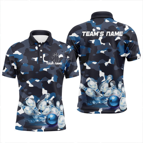 Blue Camo Bowling Men's Polo Shirt, Custom Team Name Short Sleeve Bowlers Jersey NBP94