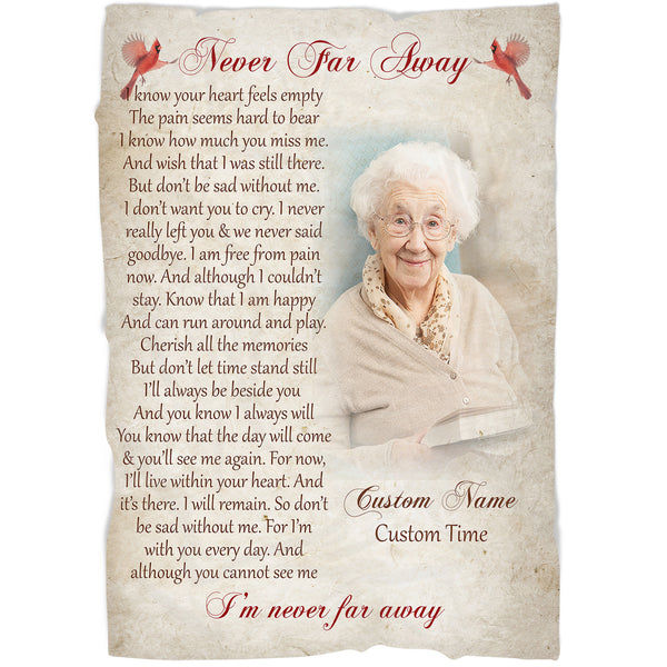 Memorial Blanket| Never Far Away Cardinal Blanket - Custom Memorial Gift Sympathy Gift for Loss of Loved One, Father, Mother| Condolence Gift for Funeral Memorial Service| JB229