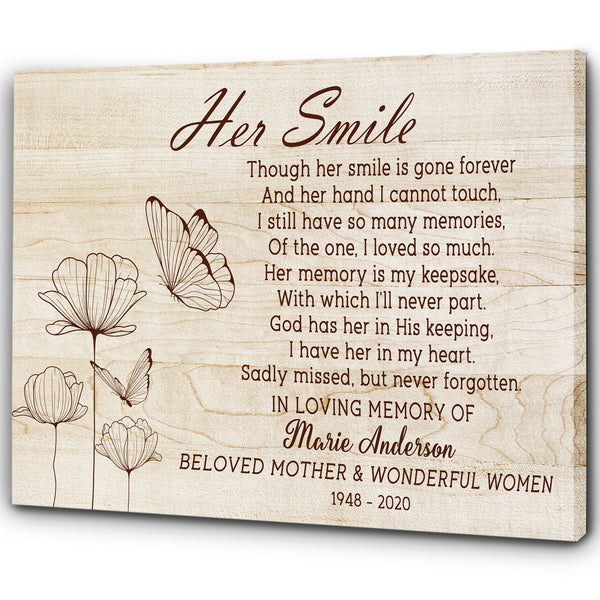 Memorial Canvas - Her Smile Memorial Wall Art Personalized Butterfly Memorial Canvas Sympathy Gift for Loss of Loved One Mother Wife Sister In Loving Memory - JC761