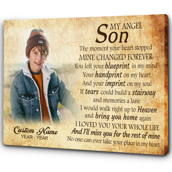 Son Remembrance Personalized Canvas| My Angel Son in Heaven| Memorial Gifts, Sympathy Gifts for Loss of Son, Son Bereavement Keepsake, Youth Cancer Condolence Gifts| N2405