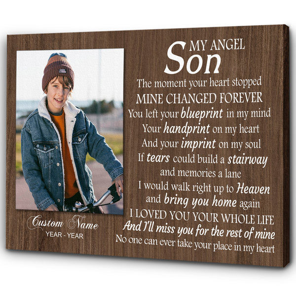 Son Remembrance Personalized Canvas| My Angel Son in Heaven| Memorial Gifts, Sympathy Gifts for Loss of Son, Son Bereavement Keepsake, Youth Cancer Condolence Gifts| N2404