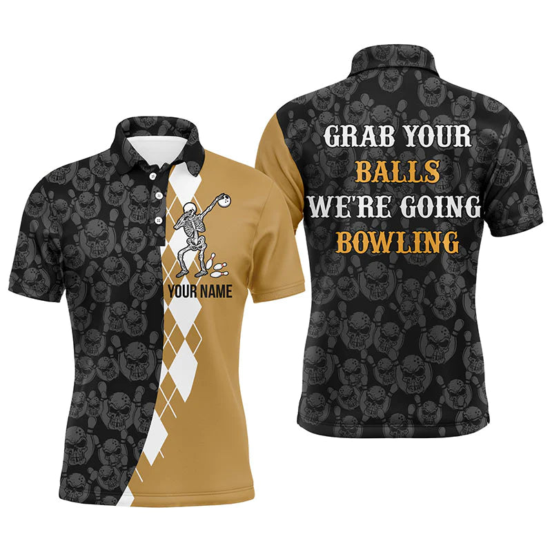 Grab Your Balls Funny Men Bowling Polo Shirt Personalized Skull Bowlers Jersey Short Sleeve NBP64