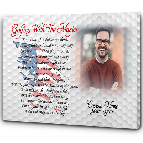 Personalized Golf Memorial Canvas - Golfing with The Master Remembering a Golfer American Flag Sympathy Gift| N2623