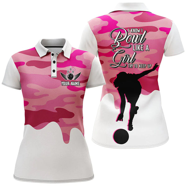 Bowling Girl Personalized Polo Shirt Women Bowling Pink Camo Jersey Short Sleeves Bowlers NBP42